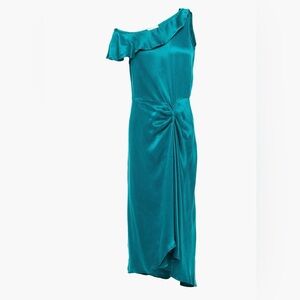 NWT ba&sh Paris Bandy One-Shoulder Satin-Crepe Midi Dress – Teal Green | Size 0